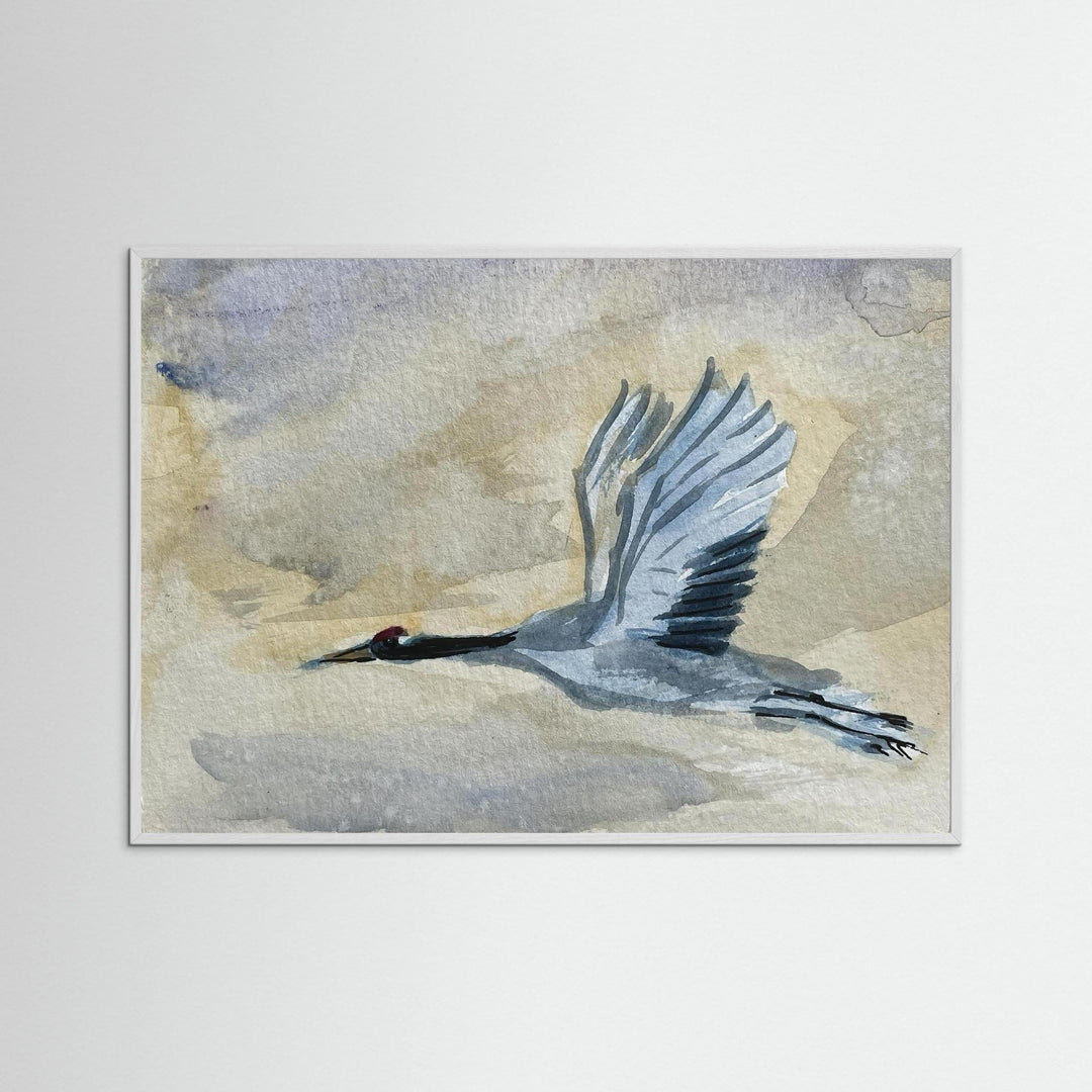 Great Blue Heron in Flight Watercolor Wall Art Decor - Framed Options