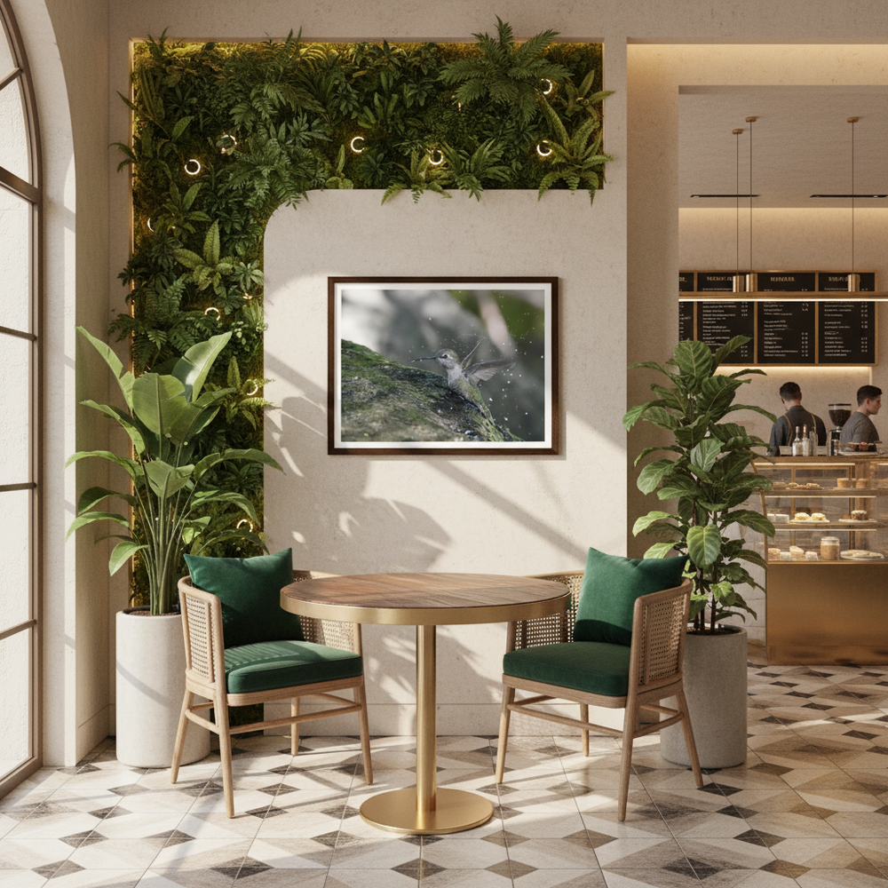 Tendy coffeeshop with plant wall, green chairs, round table and hummingbird wall art photography - by Andrew Semple on Bromont Media