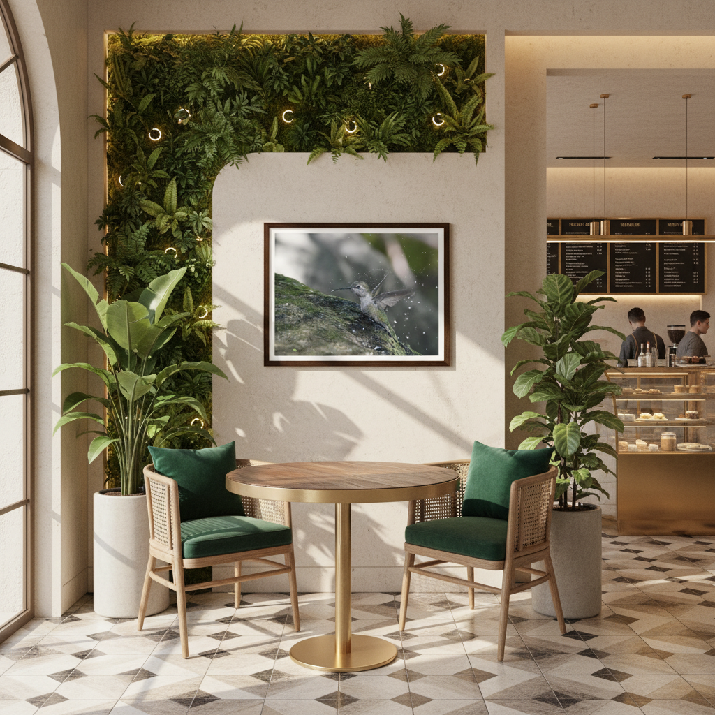 Tendy coffeeshop with plant wall, green chairs, round table and hummingbird wall art photography - by Andrew Semple on Bromont Media