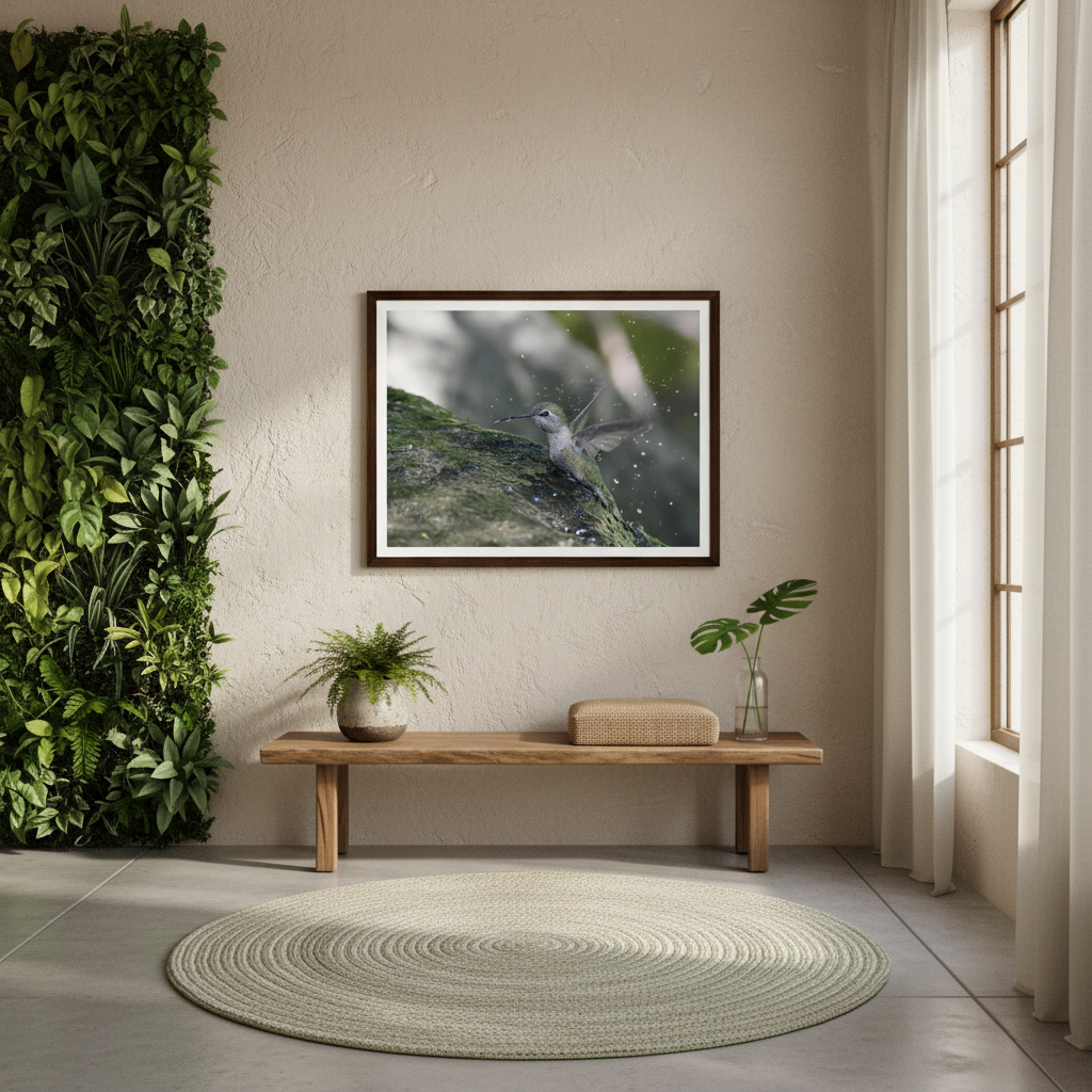 Wellness center with a plant wall, a framed picture of a bird, wooden bench, and plants - by Andrew Semple on Bromont Media