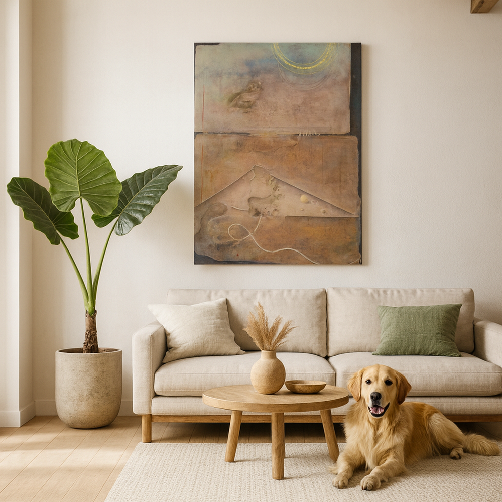 Modern living room with abstract wall art, house plant and golden retriever dog - Bromont Media