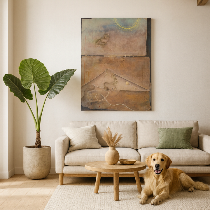 Modern living room with abstract wall art, house plant and golden retriever dog - Bromont Media