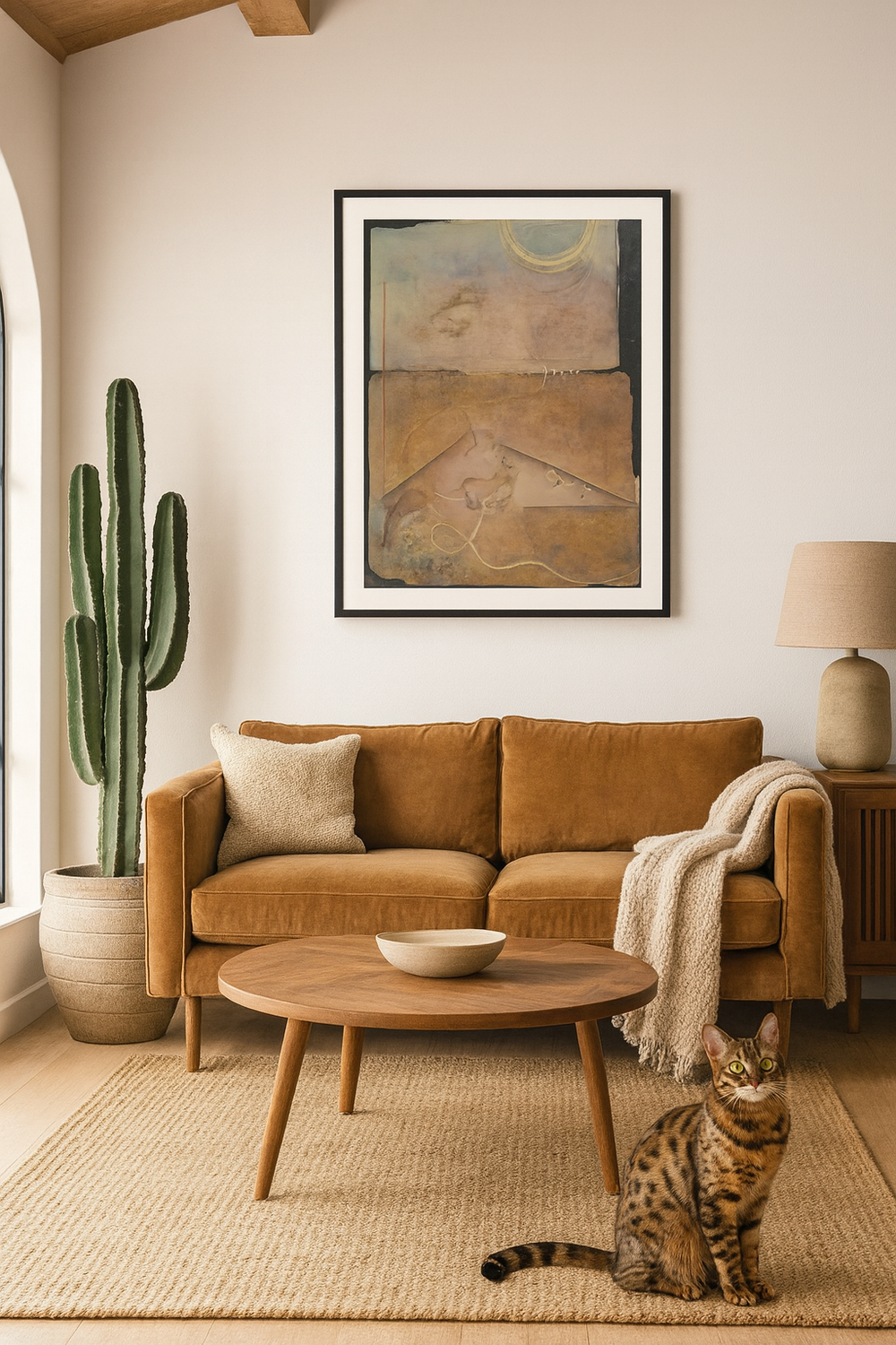 Western boho chic living room with abstract painting and bengal cat - Bromont Media