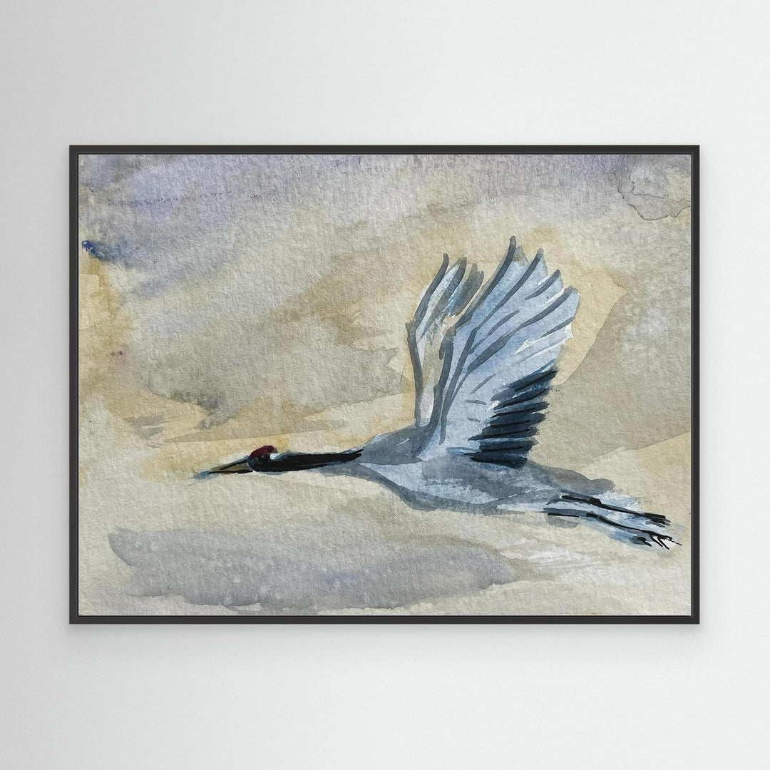 Great Blue Heron in Flight Watercolor Wall Art Decor - Canvas Framed Options
