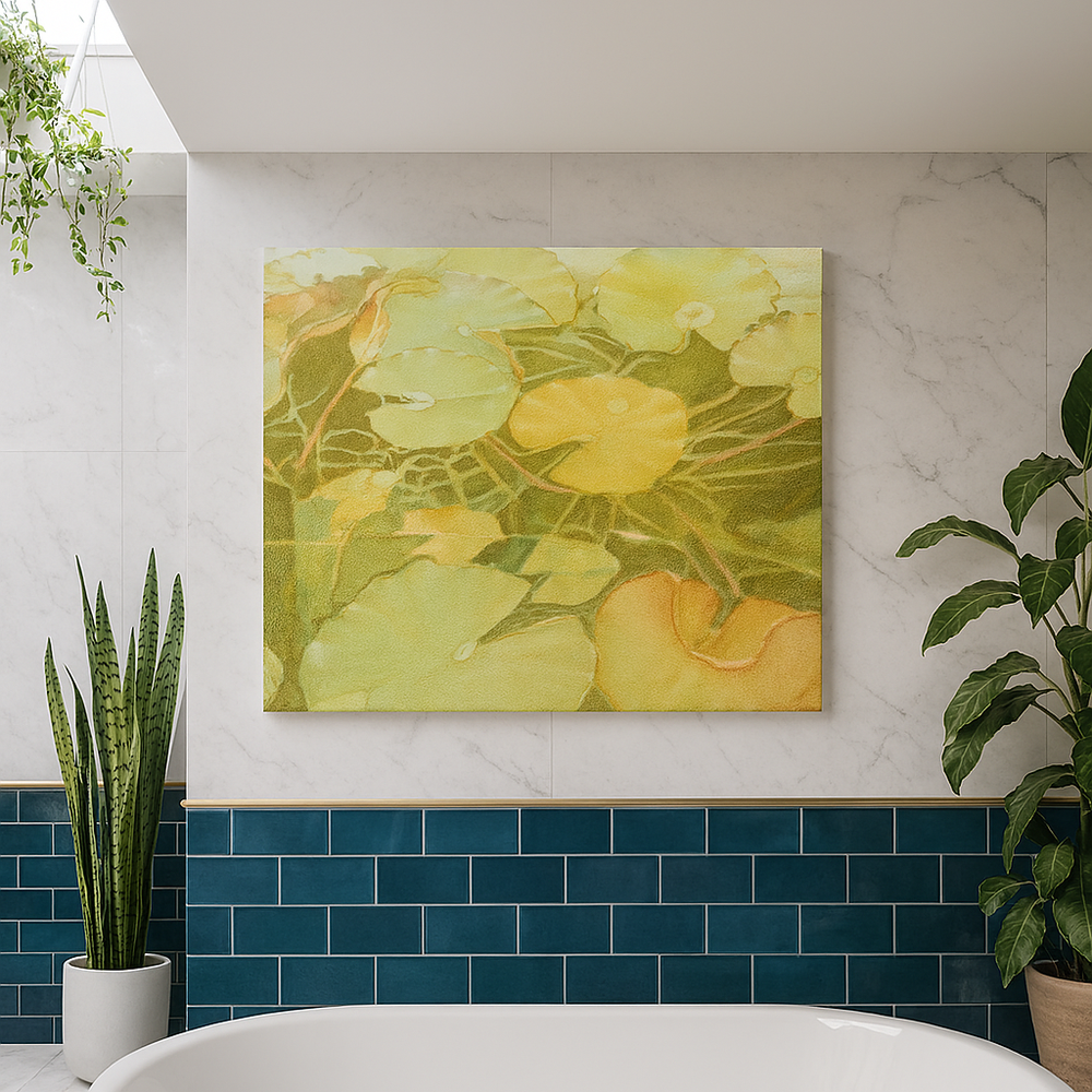 Floral painting on a wall with plants and a bathtub in the foreground