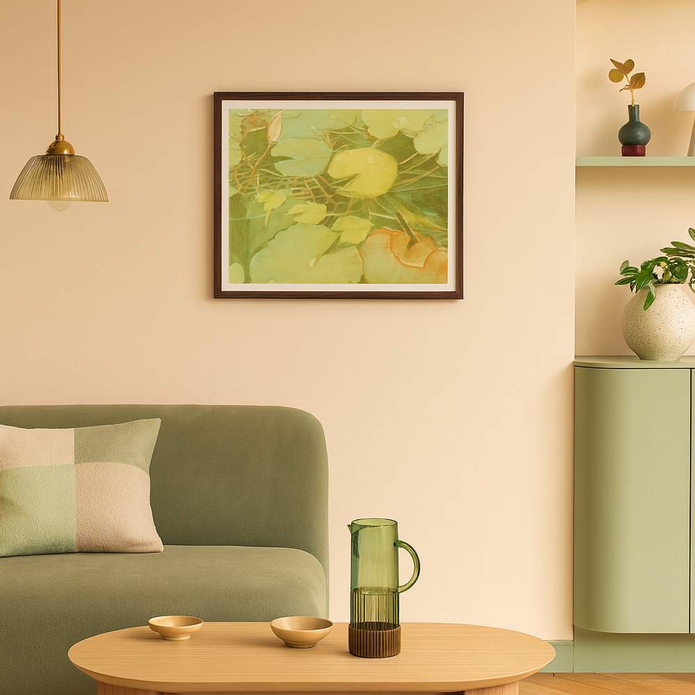 Living room with a green sofa, coffee table, and lily pad painting