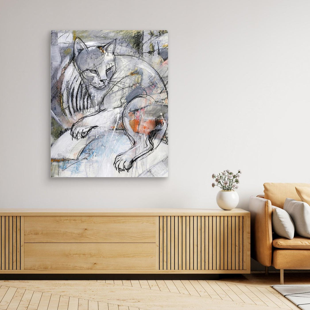 Modern Expressionist Grey Cat Sketch Wall Art Print - Canvas Framed Options