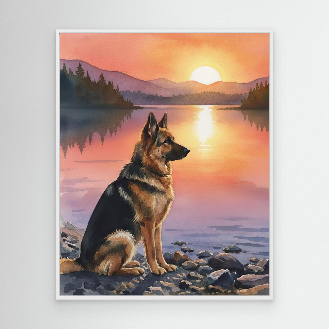 "Guardian of the Lake" German Shepherd Sunset Art Print - Canvas Framed Options