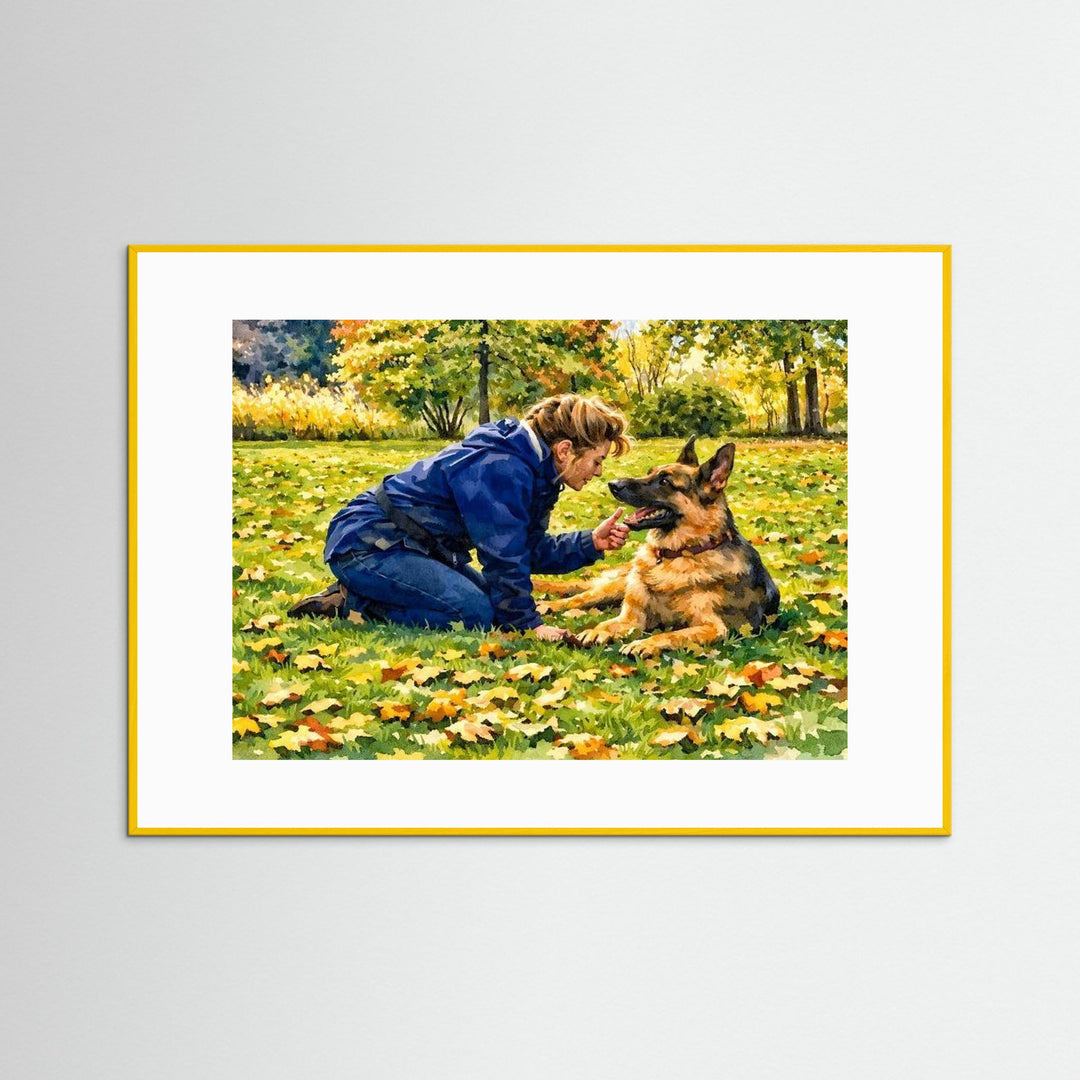 Autumn Moment with Beloved German Shepherd - Fine Art Framed Options