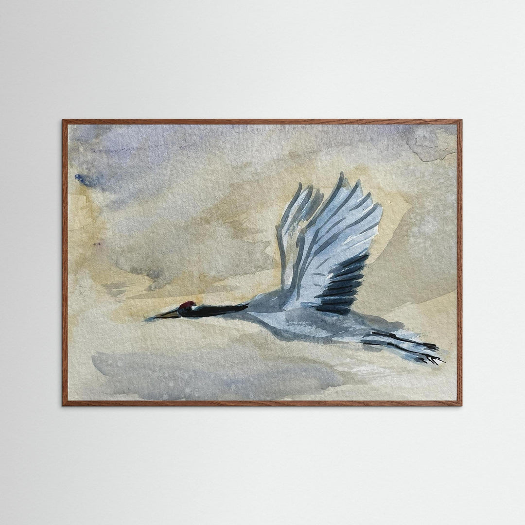 Great Blue Heron in Flight Watercolor Wall Art Decor - Framed Options