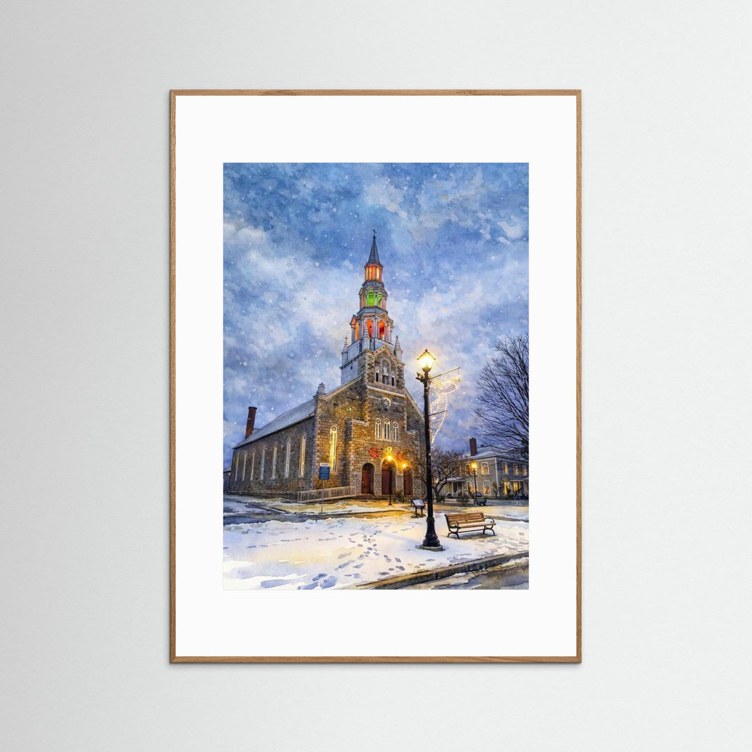Festive Church in Winter's Embrace - Fine Art Print Framed Options