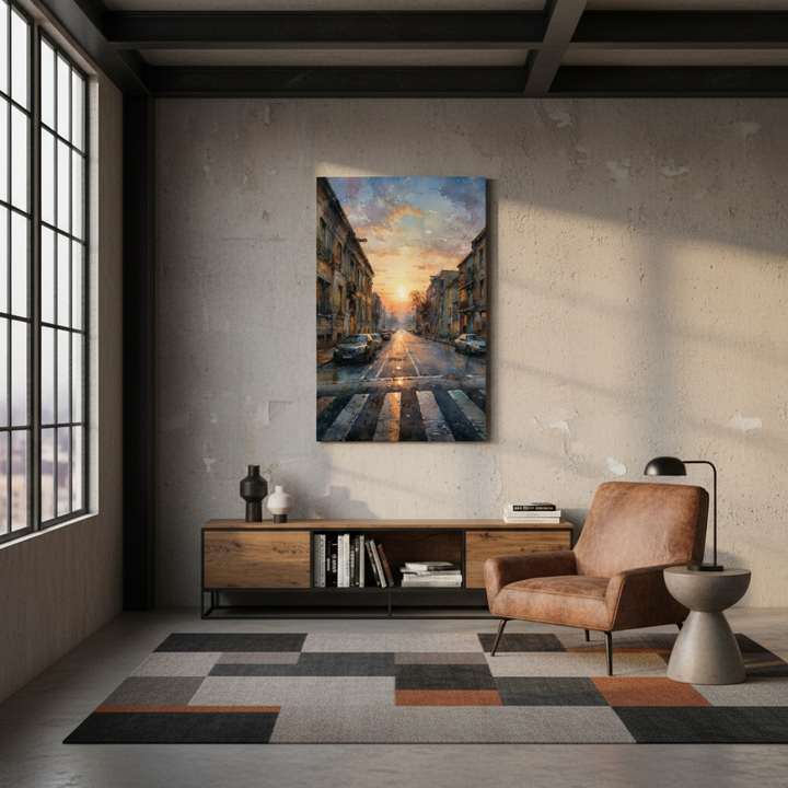 Modern loft with a cityscape artwork on the wall - by Mickey Semple on Bromont Media