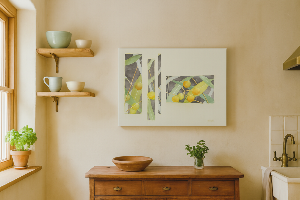 Vintage italian kitchen with wooden dresser, shelves, and watercolor wall art.