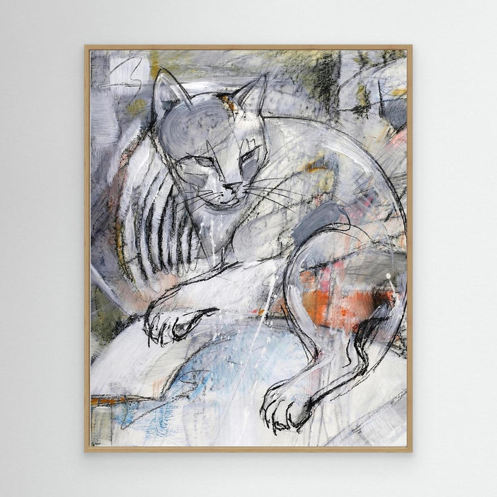 Modern Expressionist Grey Cat Sketch Wall Art Print - Canvas Framed Options