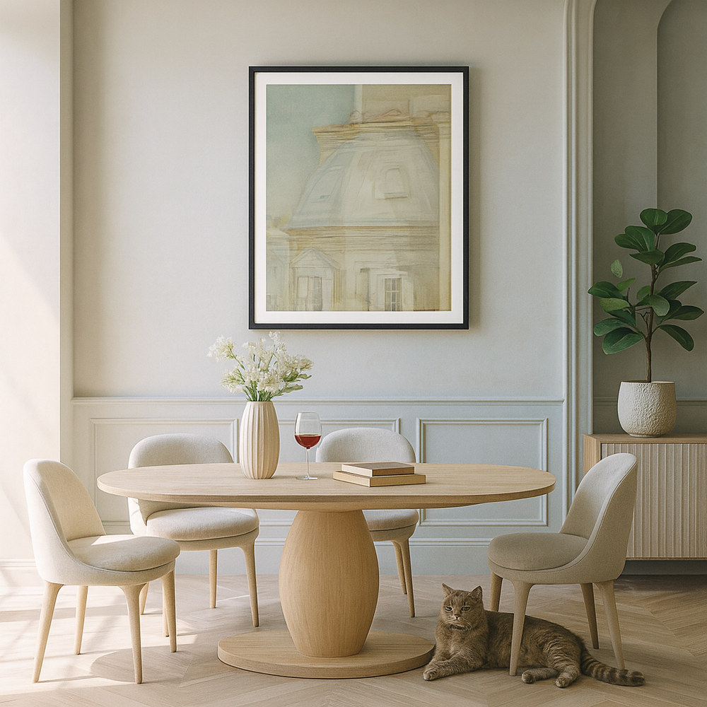 Beautiful dining room wih round table, historical european painting and cat