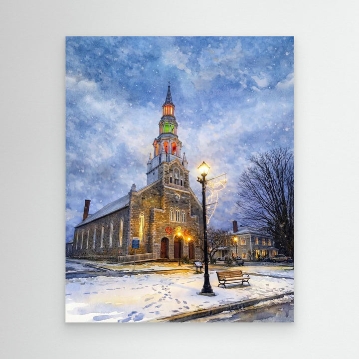 Festive Church in Winter's Embrace by Studio Shefford - Photo Art Composition landscape painting print for home decor
