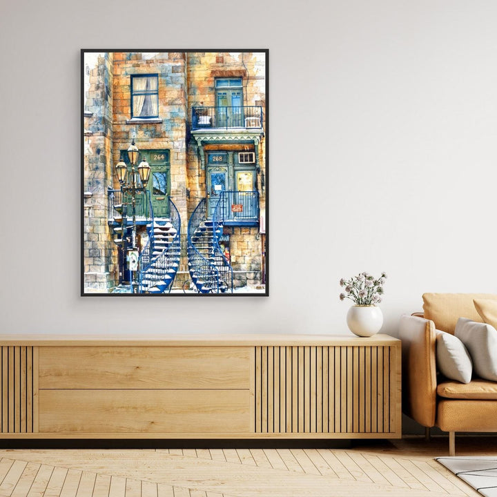 Architectural Watercolor Print of Blue Spiral Staircases - Canvas Framed Options