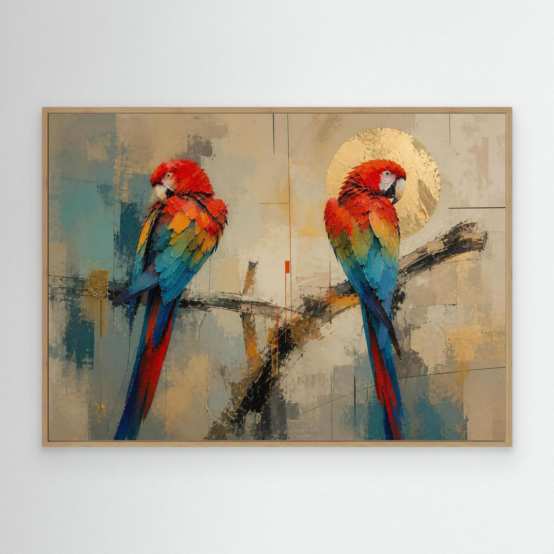 Vibrant Scarlet Macaw Duo Wall Art with Gold Accents by Mickey - Photo Art Composition botanical/nature print for home decor