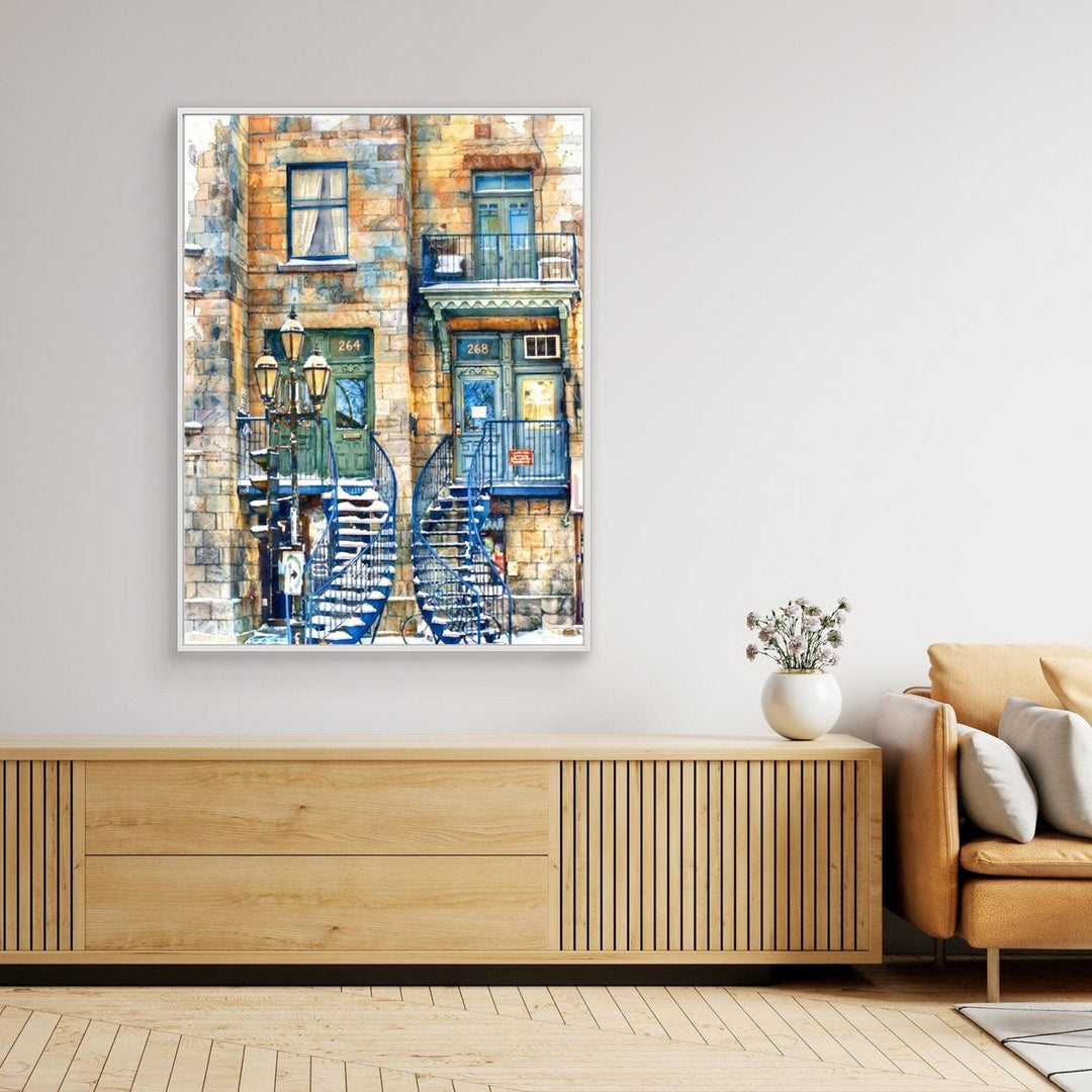 Architectural Watercolor Print of Blue Spiral Staircases - Canvas Framed Options