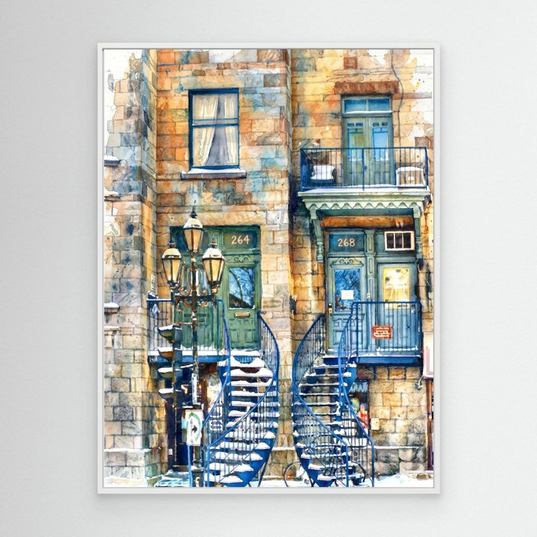 Architectural Watercolor Print of Blue Spiral Staircases - Canvas Framed Options