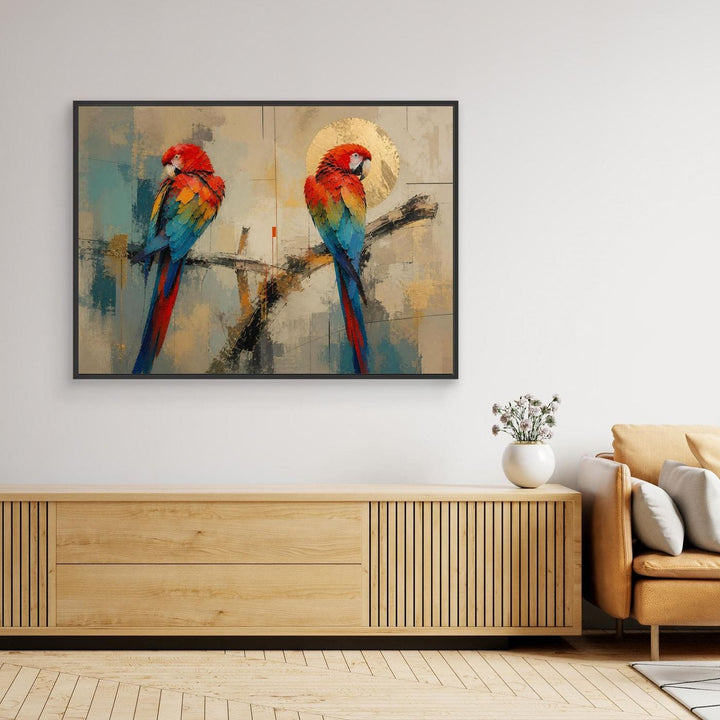 "Macaws in Gold" Vibrant Scarlet Macaw Duo Wall Art - Canvas Framed Options