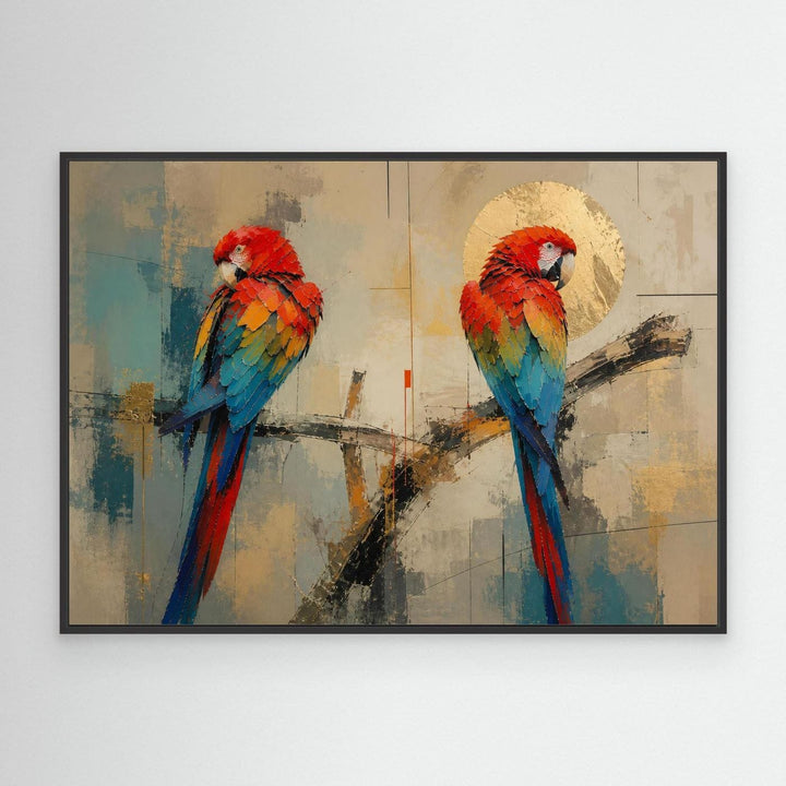 "Macaws in Gold" Vibrant Scarlet Macaw Duo Wall Art - Canvas Framed Options
