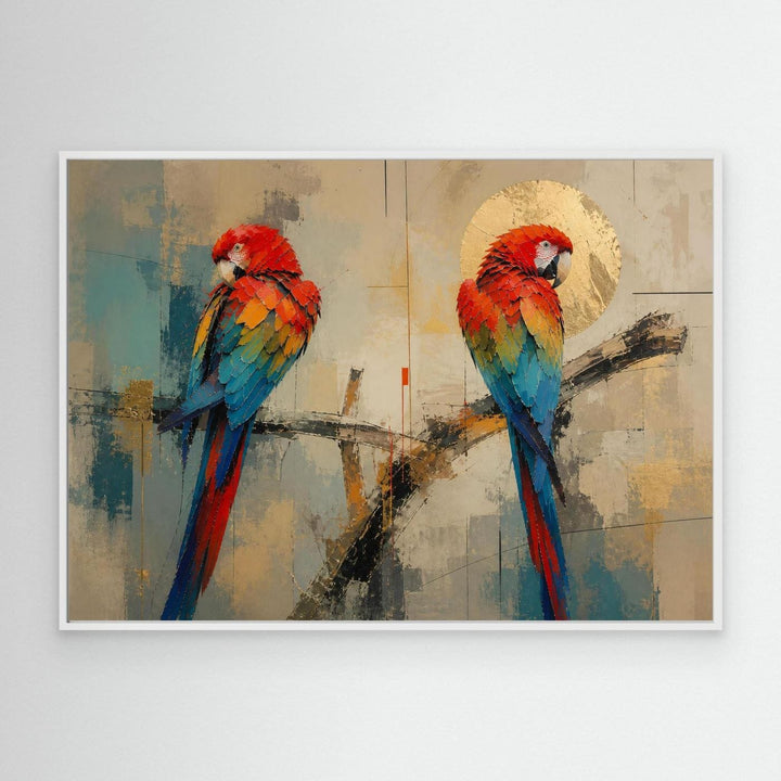 "Macaws in Gold" Vibrant Scarlet Macaw Duo Wall Art - Canvas Framed Options