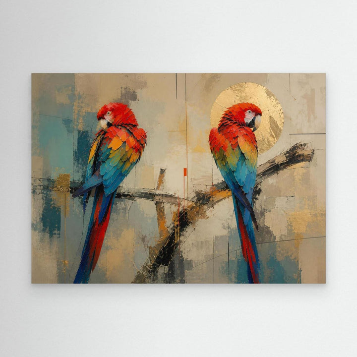 "Macaws in Gold" Vibrant Scarlet Macaw Duo Wall Art - Canvas Framed Options