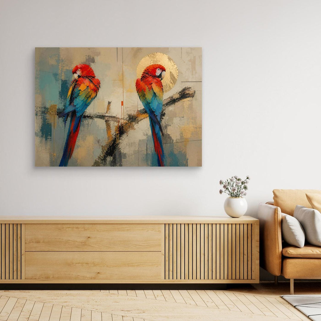 "Macaws in Gold" Vibrant Scarlet Macaw Duo Wall Art - Canvas Framed Options