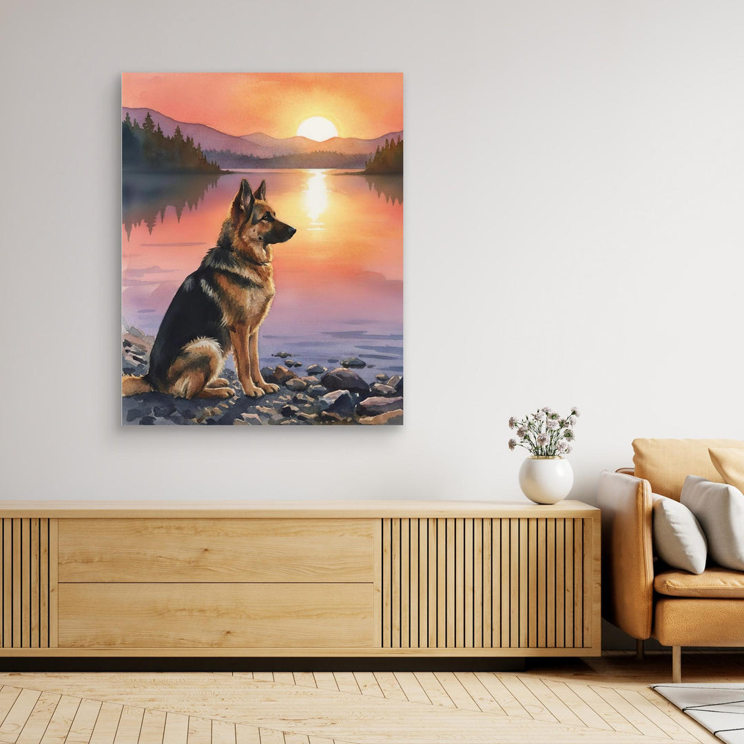 "Guardian of the Lake" German Shepherd Sunset Art Print - Canvas Framed Options