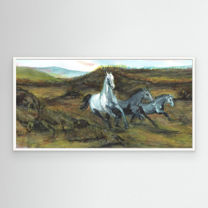 Three Horses Galloping Through Lush Fields Watercolor
