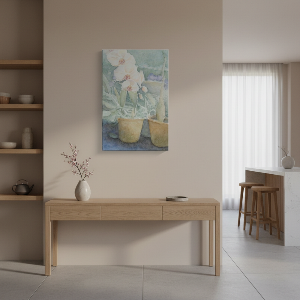 Modern interior with a wooden console table, vase, and  floral painting on the wall.