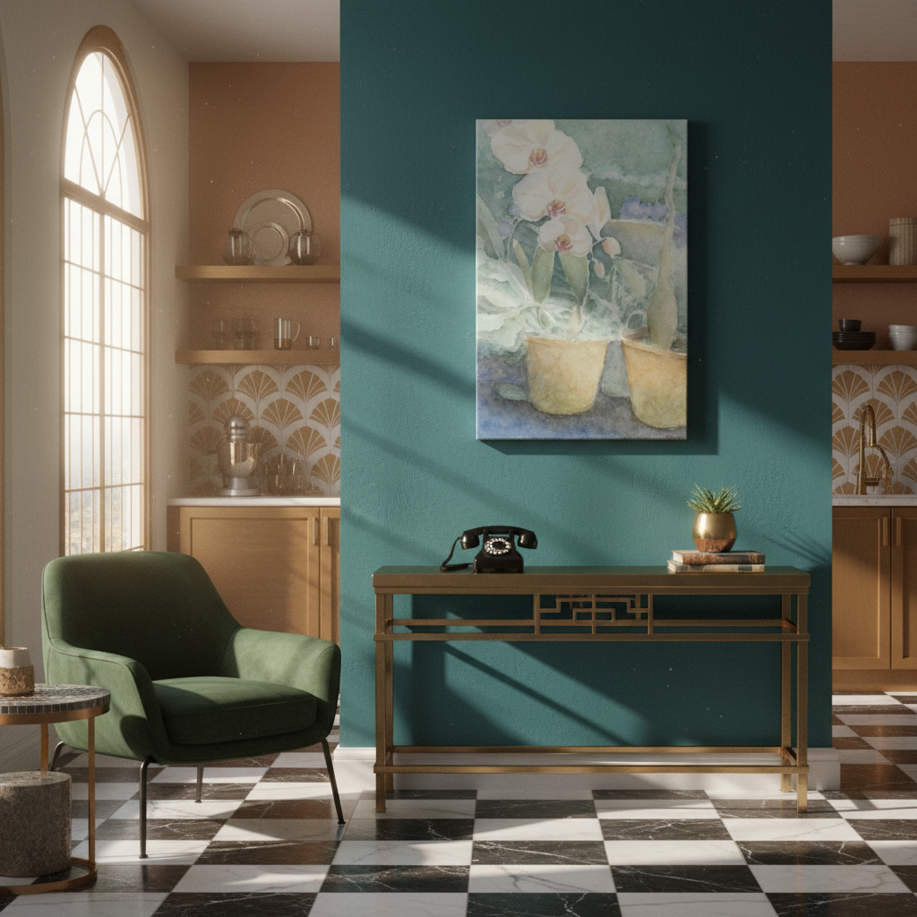 Retro living room with a green armchair, checkered floor, and wall art of flowers - by Veronique Semple on Bromont Media