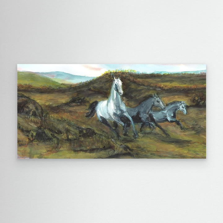 3 Horses Galloping Through Lush Fields Watercolor Art by Andrew Semple - Watercolor wildlife photography print for home decor