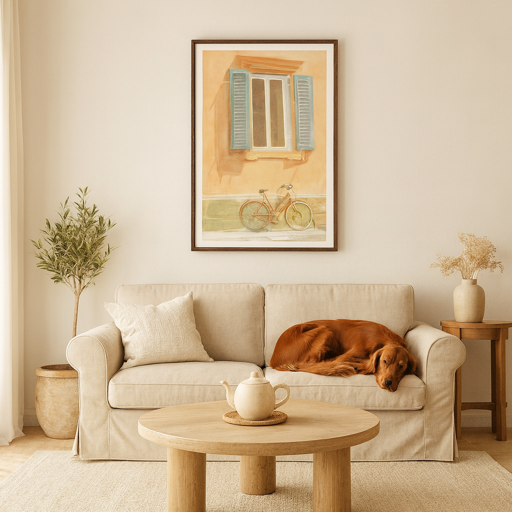 Cozy living room with a dog resting on a beige sofa, a round wooden coffee table, and a framed painting on the wall.