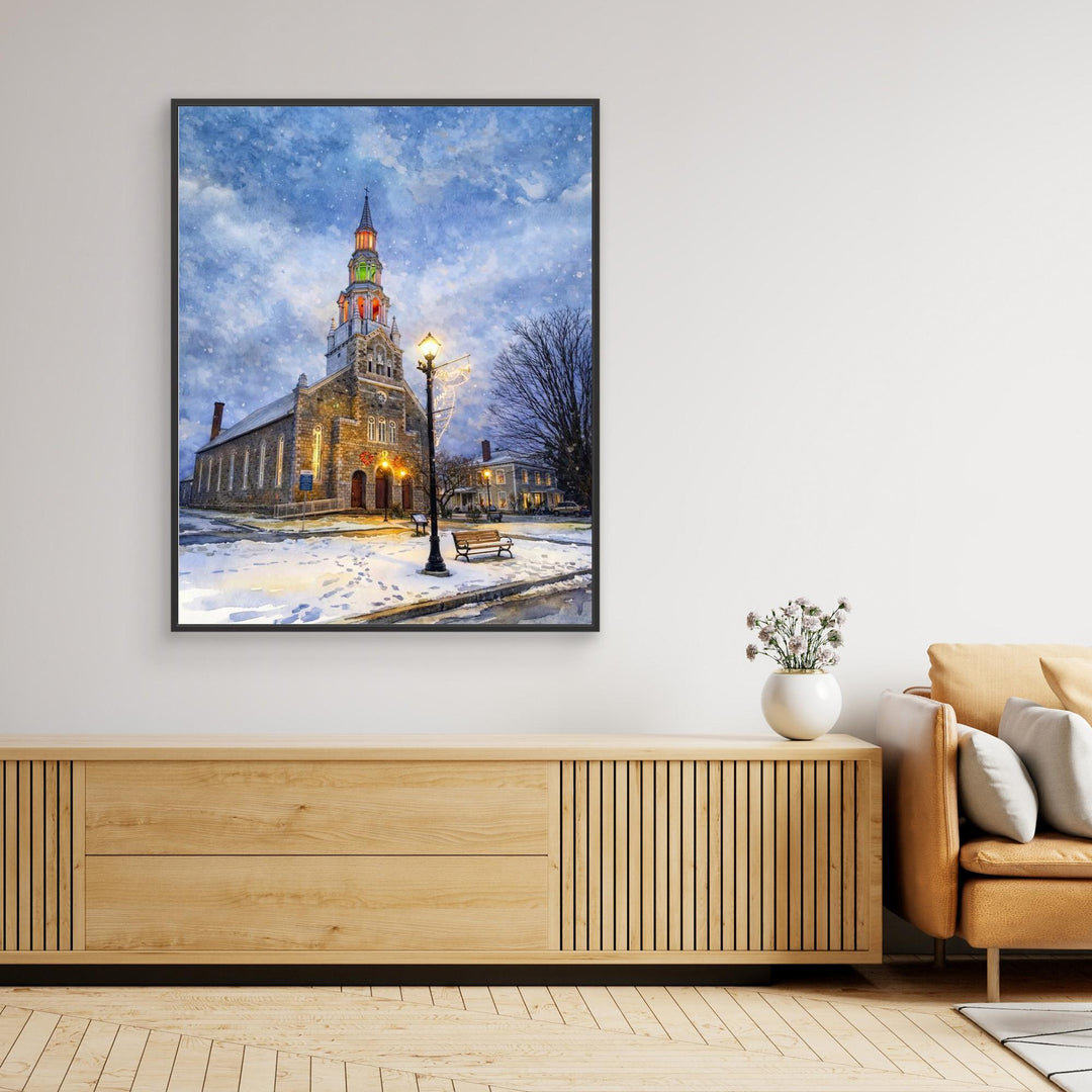 Festive Church in Winter's Embrace - Canvas Framed Options