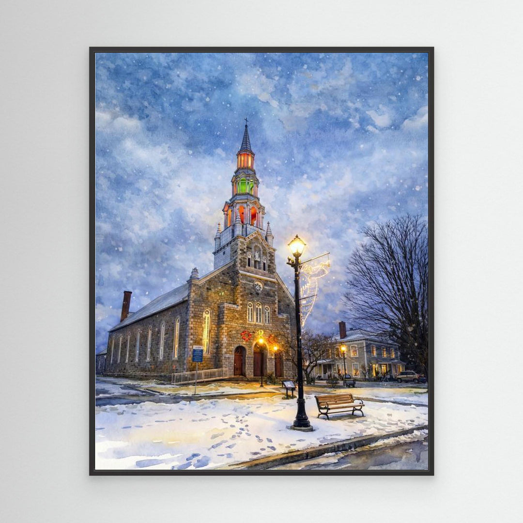 Festive Church in Winter's Embrace - Canvas Framed Options