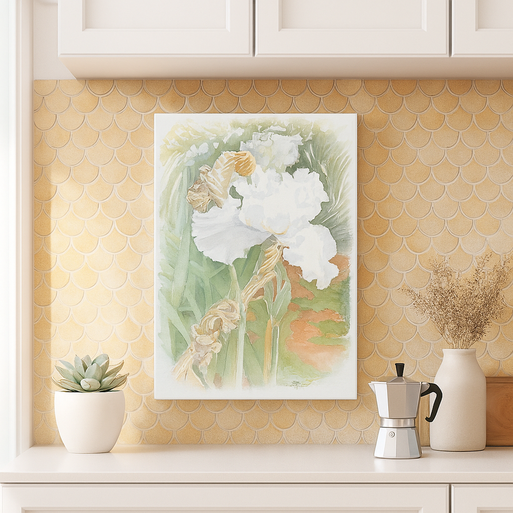 Unframed floral artwork on a kitchen wall with decorative elements.