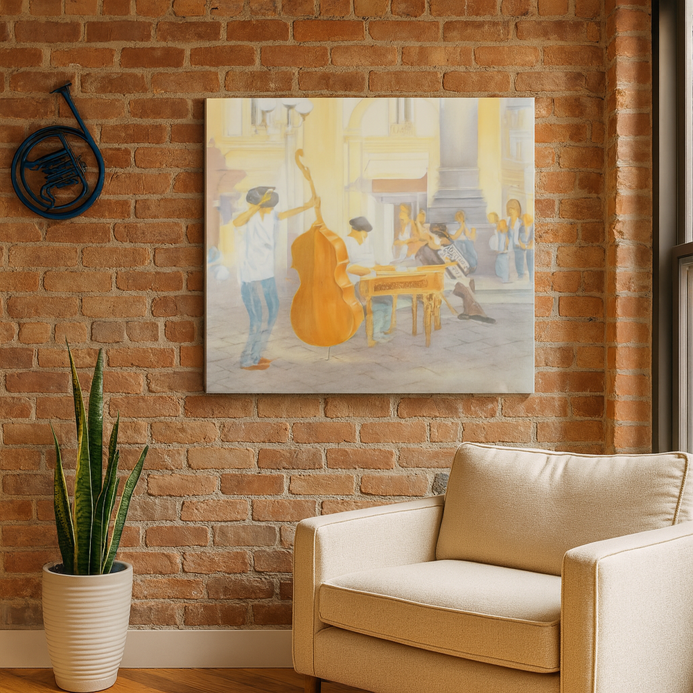 Melodic Moments: Joyful Street Musicians in Watercolor by Veronique Semple - Watercolor impressionism print for home decor