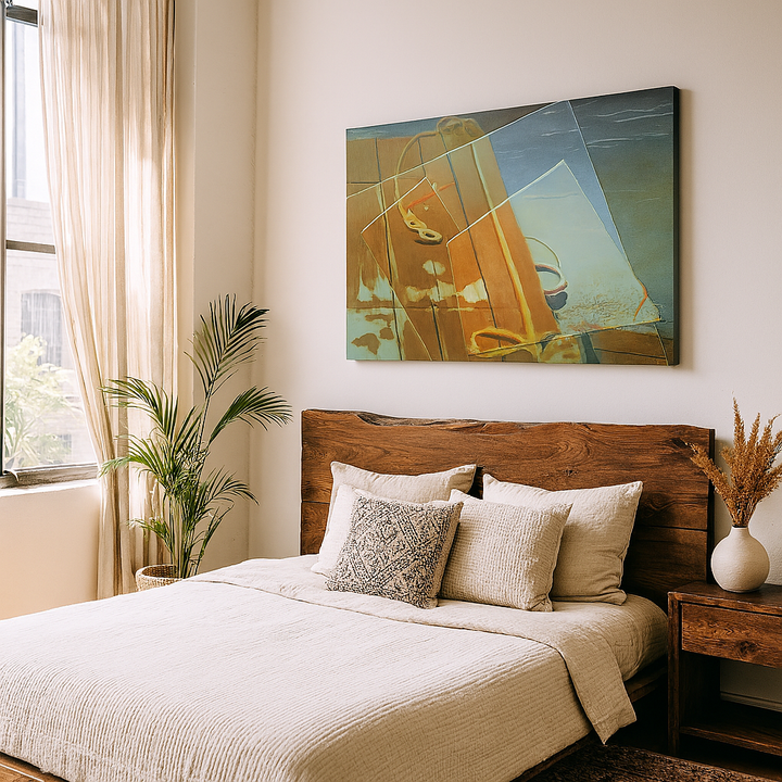 Bedroom with wooden headboard, pillows, and abstract painting on wall.