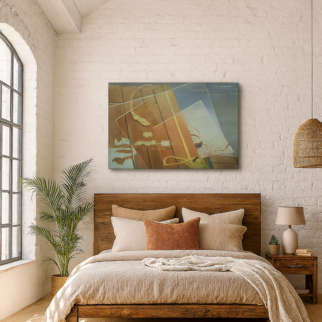 Bedroom with wooden headboard, pillows, and abstract painting on a white brick wall.