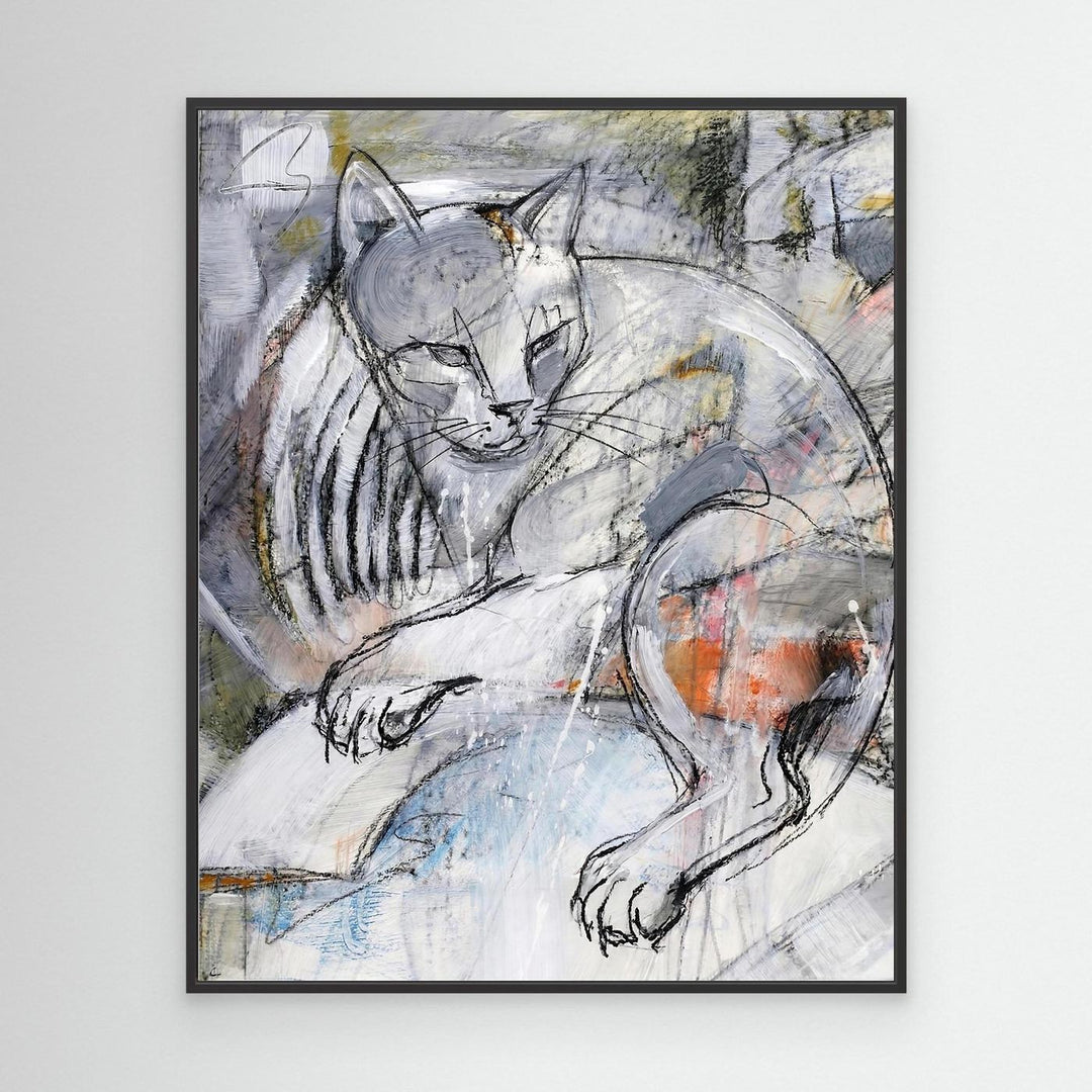 Modern Expressionist Grey Cat Sketch Wall Art Print - Canvas Framed Options