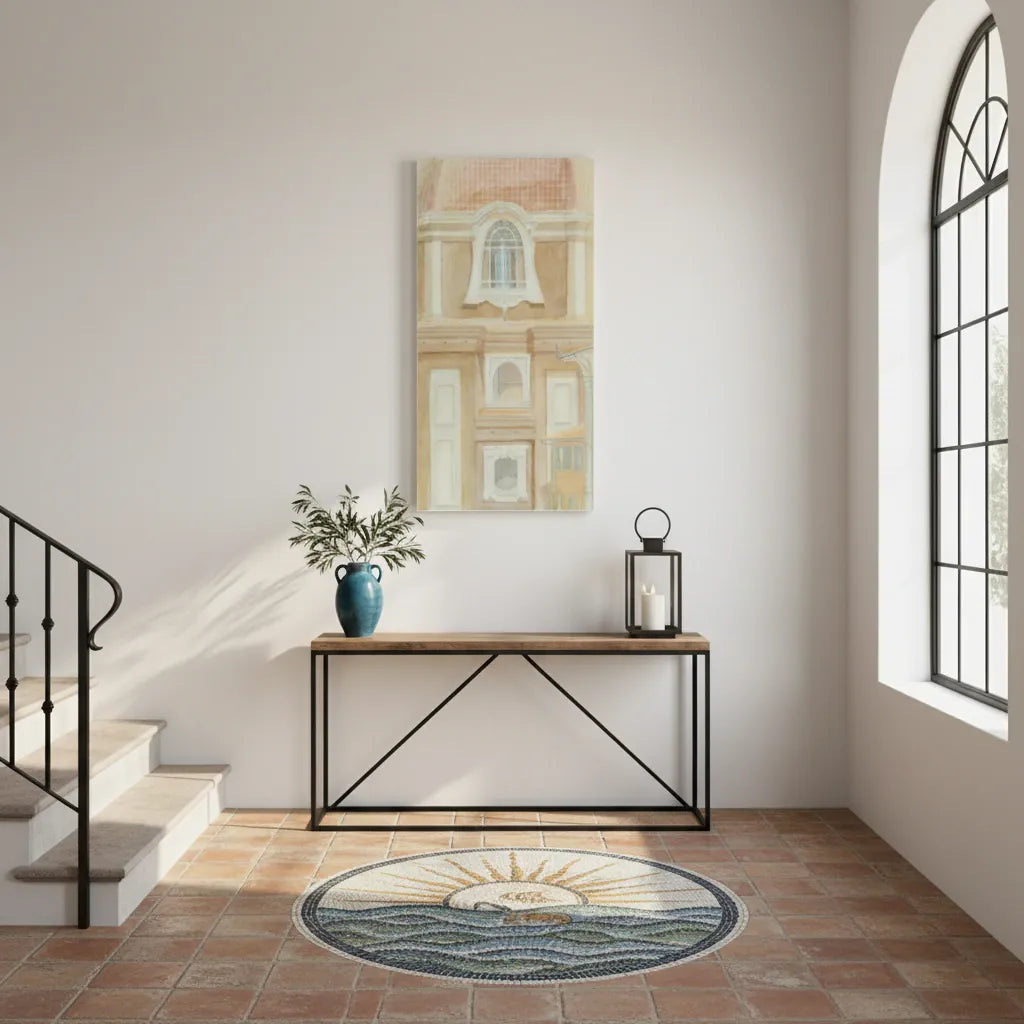 Staircase landing with a wooden console table, decorative plant, and wall art of italian architecture