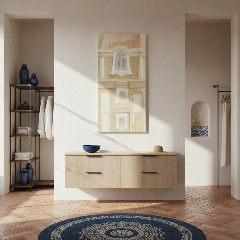 interior with wooden vanity, decorative rug, and wall art of italian architecture