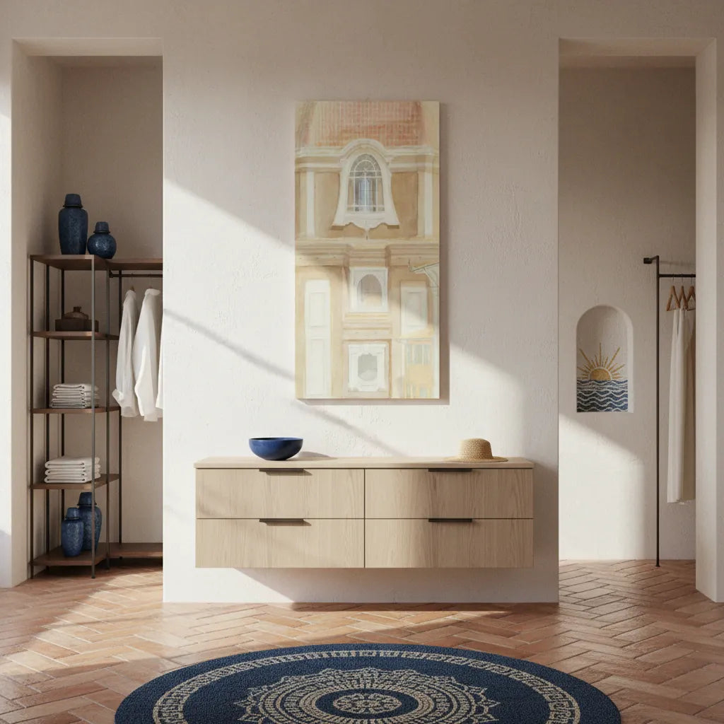 interior with wooden vanity, decorative rug, and wall art of italian architecture