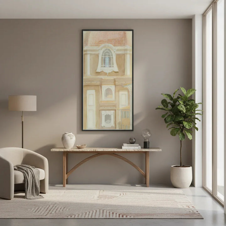 Modern living room with a console table, armchair, and decorative items.
