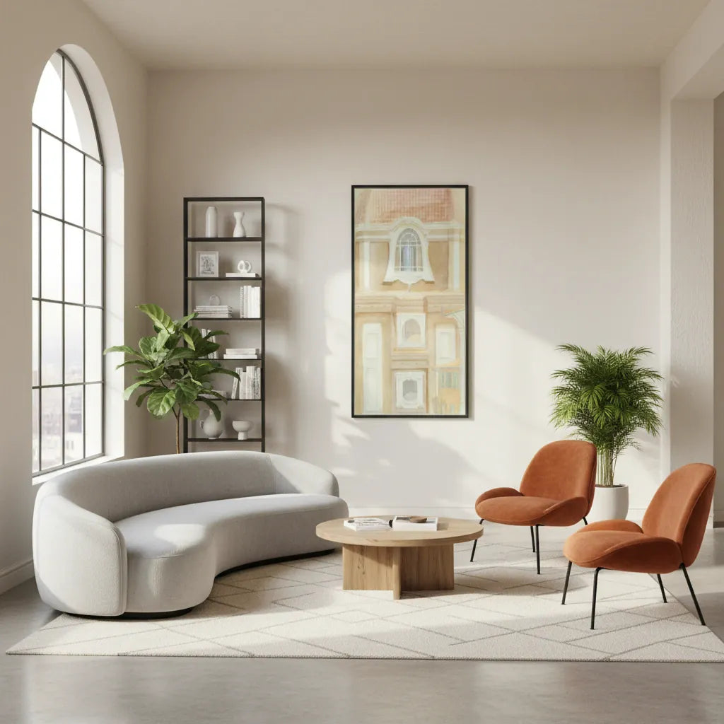 Modern living room with a white sofa, orange chairs, wooden coffee table and wall art of italian architecture