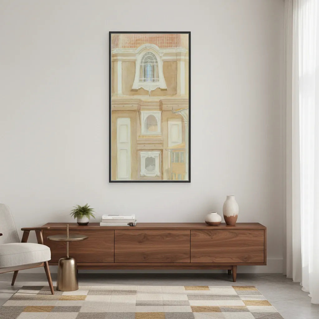 Wooden console table in a living room with a framed artwork above it.