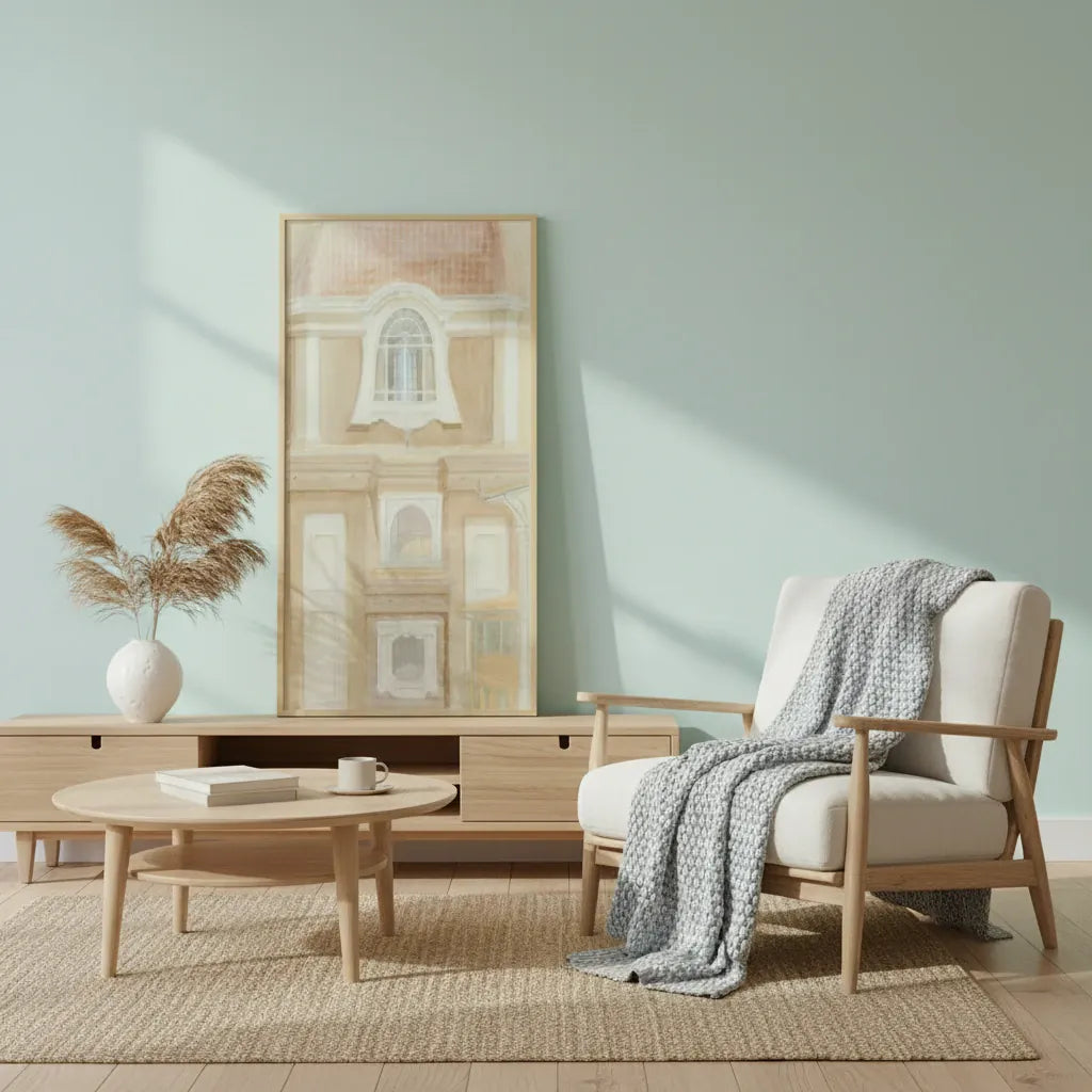 Modern living room with wooden furniture, a chair with a blanket, and a large framed artwork leaning on the wall.
