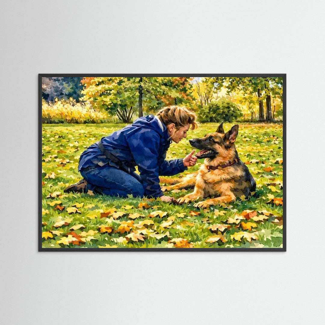 Autumn Moment with Beloved German Shepherd - Fine Art Framed Options